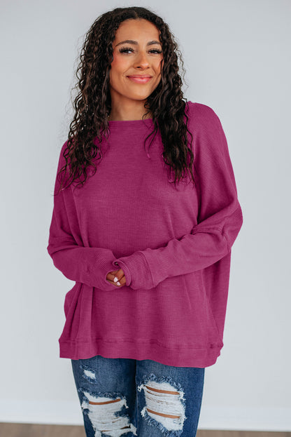 Dark Brown Ribbed Plain Long Sleeve Loose Top