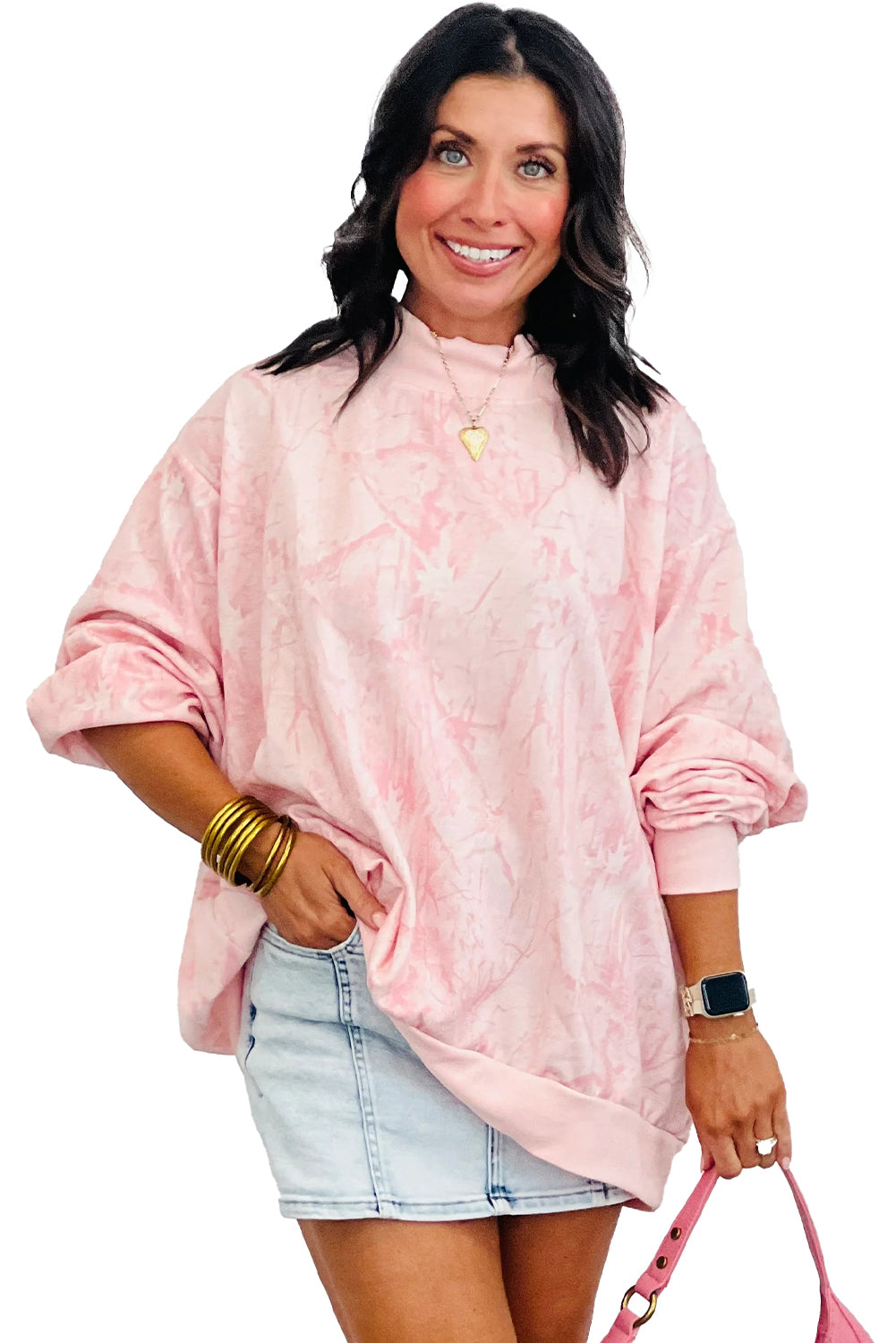 Pink Camo Print Mock Neck Loose Sweatshirt