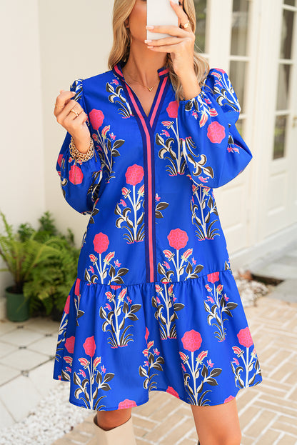 Sky Blue Floral Print Pop of Color V Neck Mini Dress