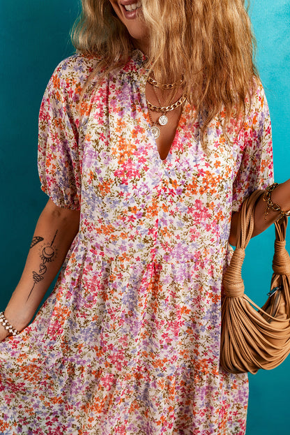 Red Floral Print Notched V Neck Puff Sleeve Tiered Mini Dress