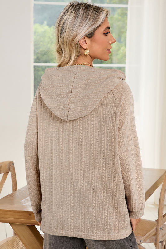 Smoke Gray Solid Color Textured Knit Drawstring Hoodie