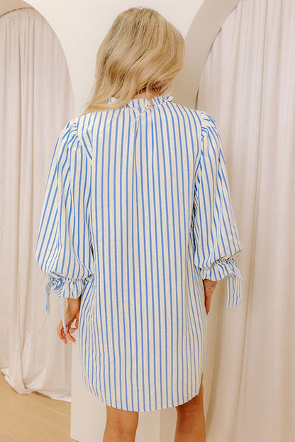 Sky Blue Striped Notched Neck Knot Cuffs Mini Dress