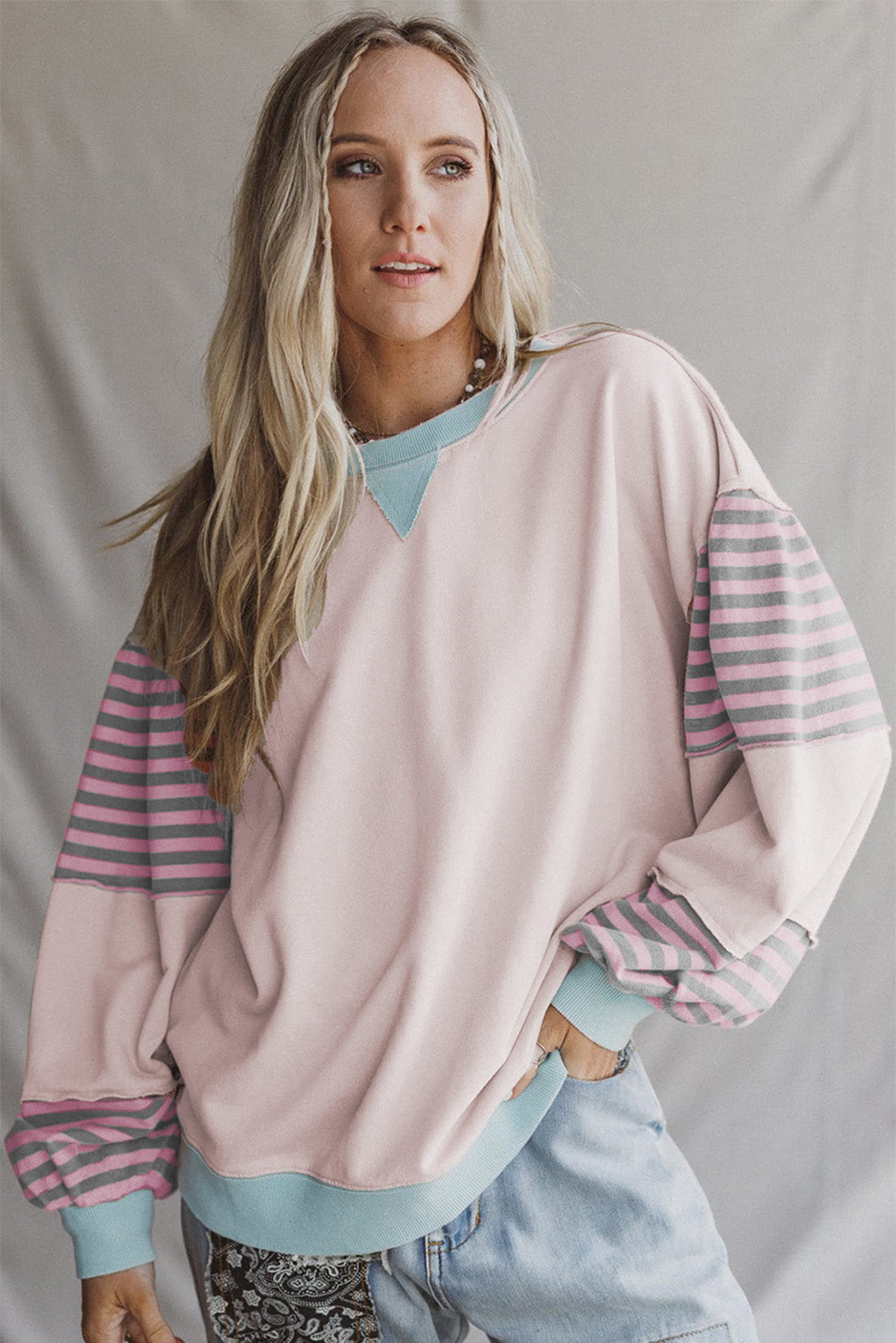 Parchment Colorblock Patchwork Striped Sleeve Sweatshirt