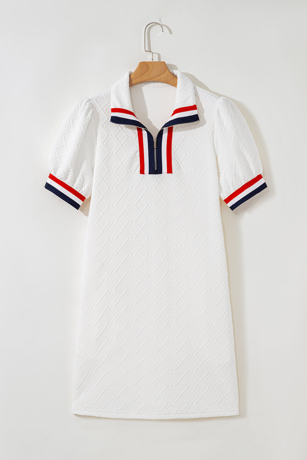 White Pop of Color Neckline Plaid Textured Puff Sleeve Mini Dress