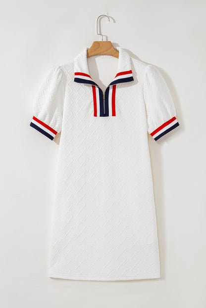 White Pop of Color Neckline Plaid Textured Puff Sleeve Mini Dress