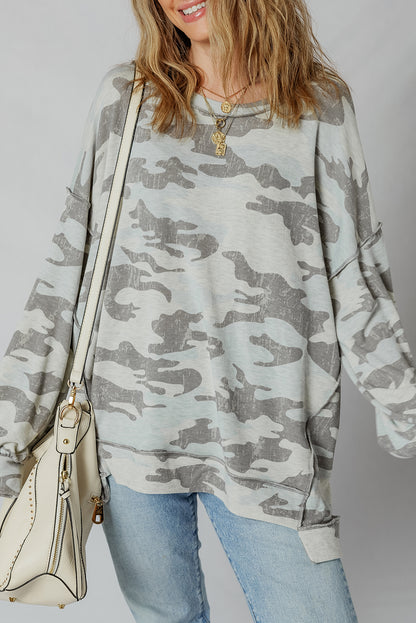 Green Camouflage Print Exposed Seam Drop Shoulder Sweatshirt