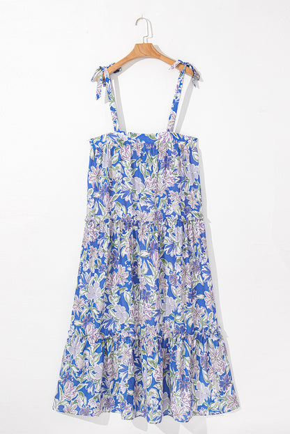Sky Blue Floral Print Tie Straps Flowy Ruffle Maxi Dress