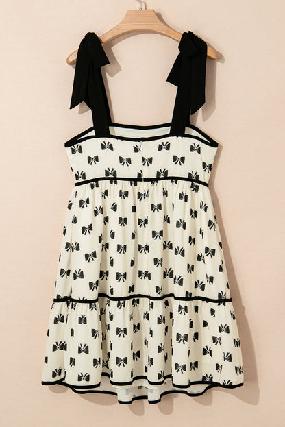 White Bow Contrast Trim Knotted Shoulder Mini Dress