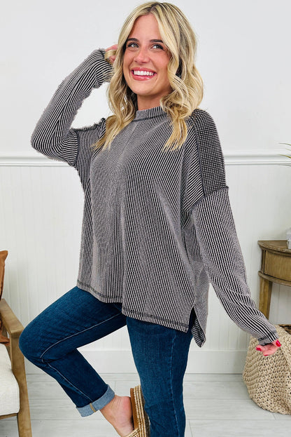 Parchment Twisted Rib Exposed Seam Detail Long Sleeve Loose Top