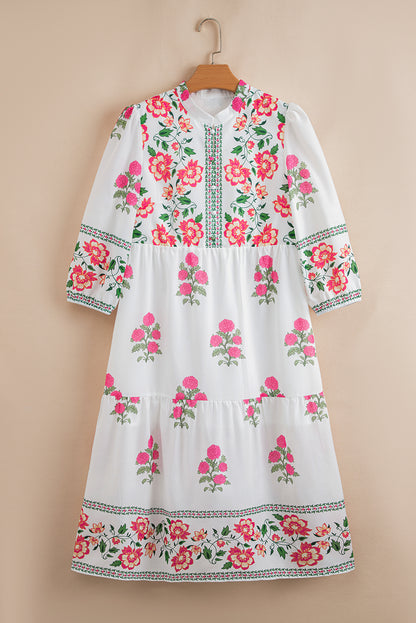White Floral Print Loose Tiered Maxi Dress