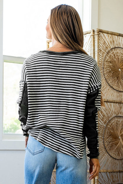 Khaki Stripe Patchwork Knit Drop Shoulder Top