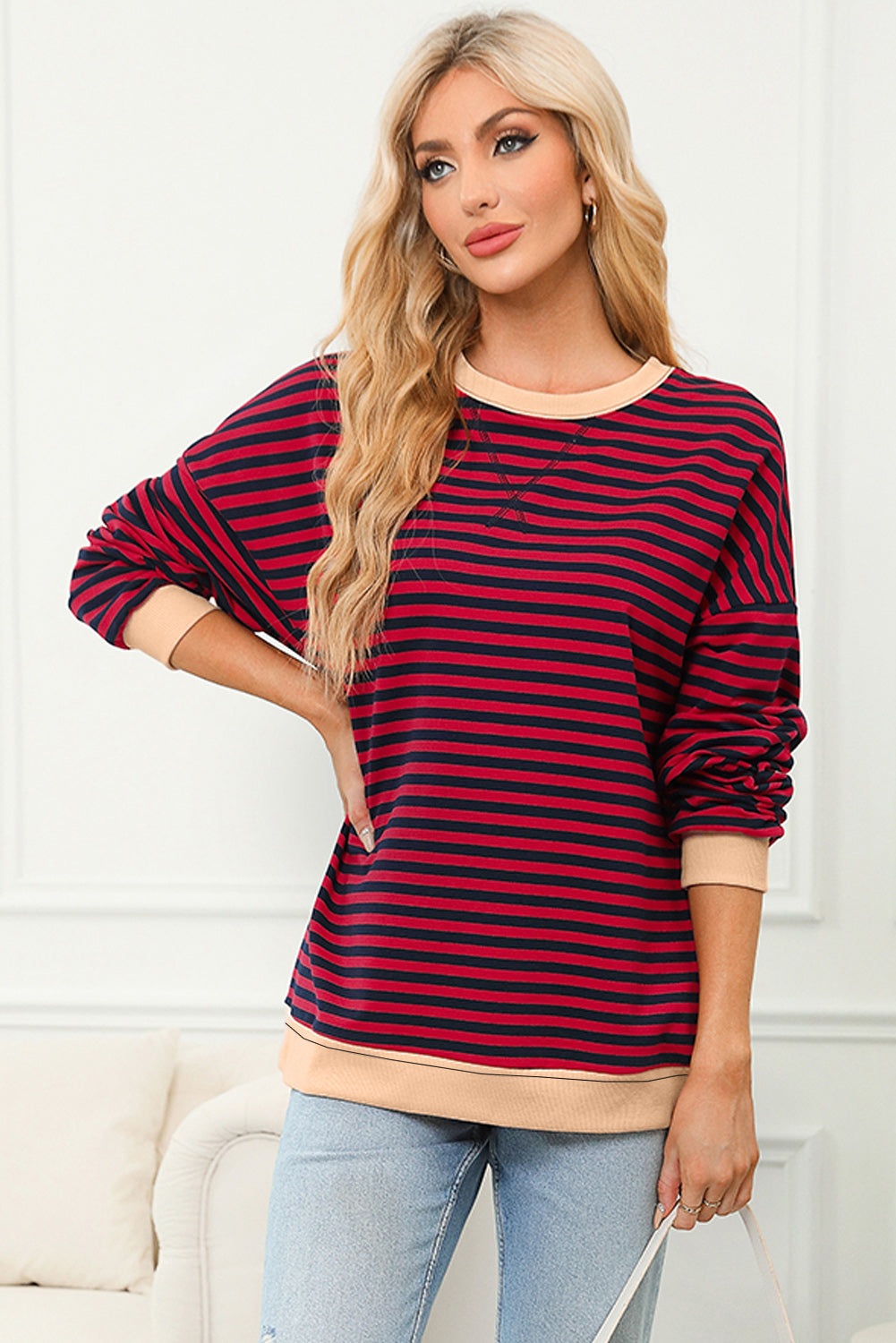 Red Stripe Contrast Ribbed Trim Crossed Stitch Drop Shoulder Sweatshirt