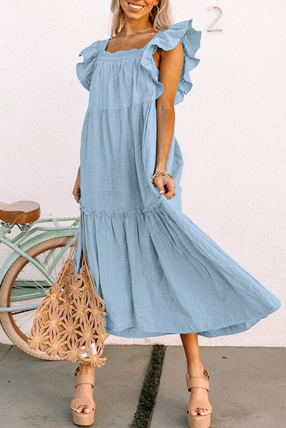 Purple Ruffled Flutter Sleeve Square Neck Textured Tiered Maxi Dress