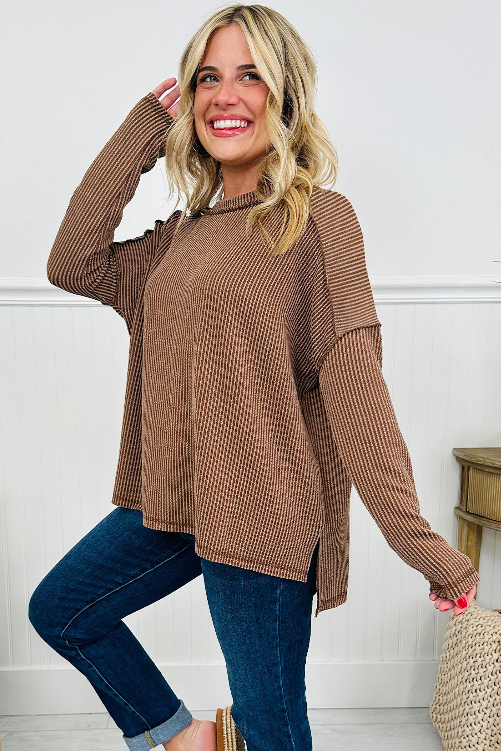 Parchment Twisted Rib Exposed Seam Detail Long Sleeve Loose Top