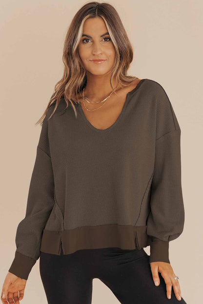 Dark Brown Waffle Knit Notched V Neck Drop Shoulder Solid Sweatshirt