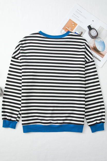 Red Stripe Contrast Ribbed Trim Crossed Stitch Drop Shoulder Sweatshirt
