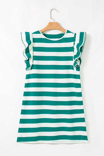 Black Stripe Flutter Sleeve Round Neck Shift Mini Dress