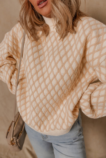 Smoke Gray Checkered Textured Knit Mock Neck Sweater