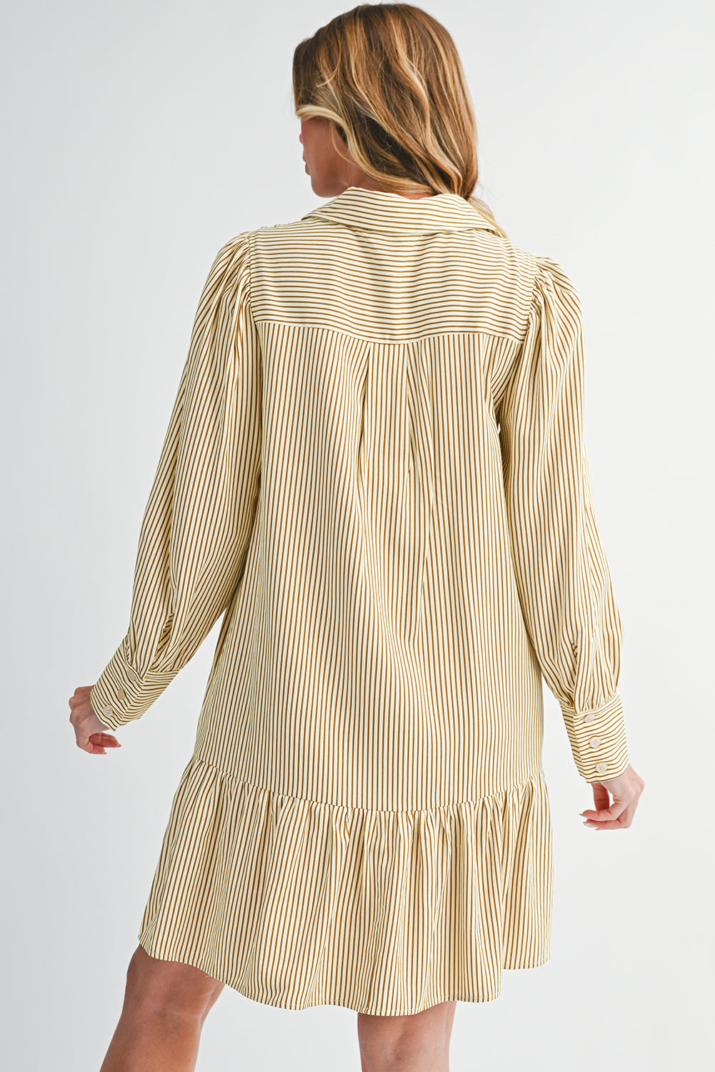Brown Striped Shirt Collar Ruffle Hem Long Sleeve Dress