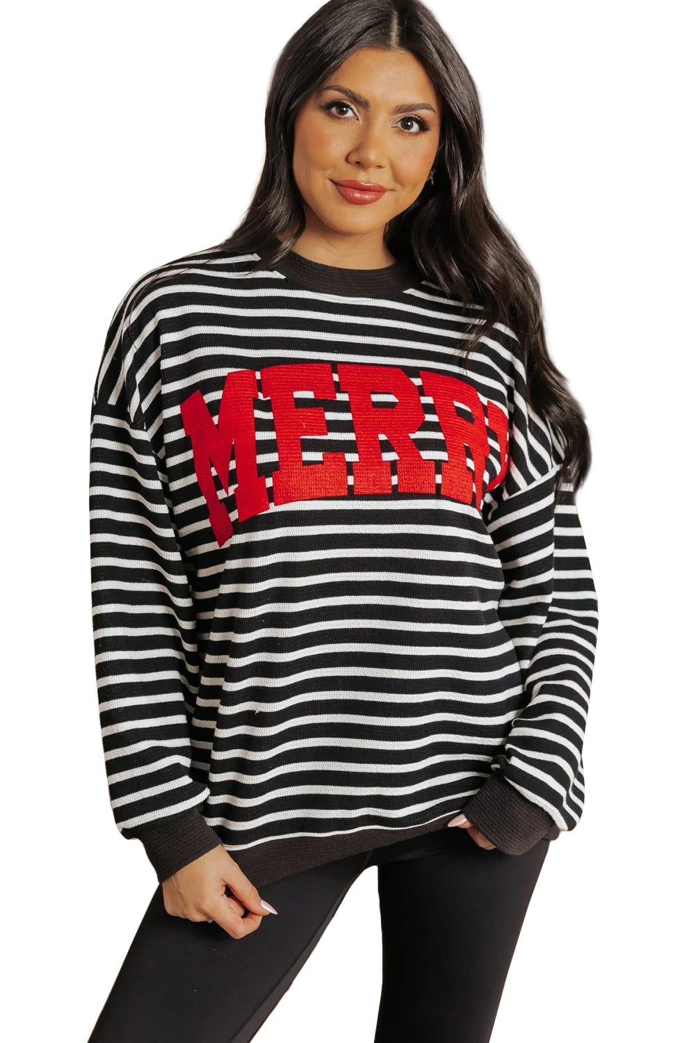 Black Stripe MERRY Letter Print Christmas Sweatshirt