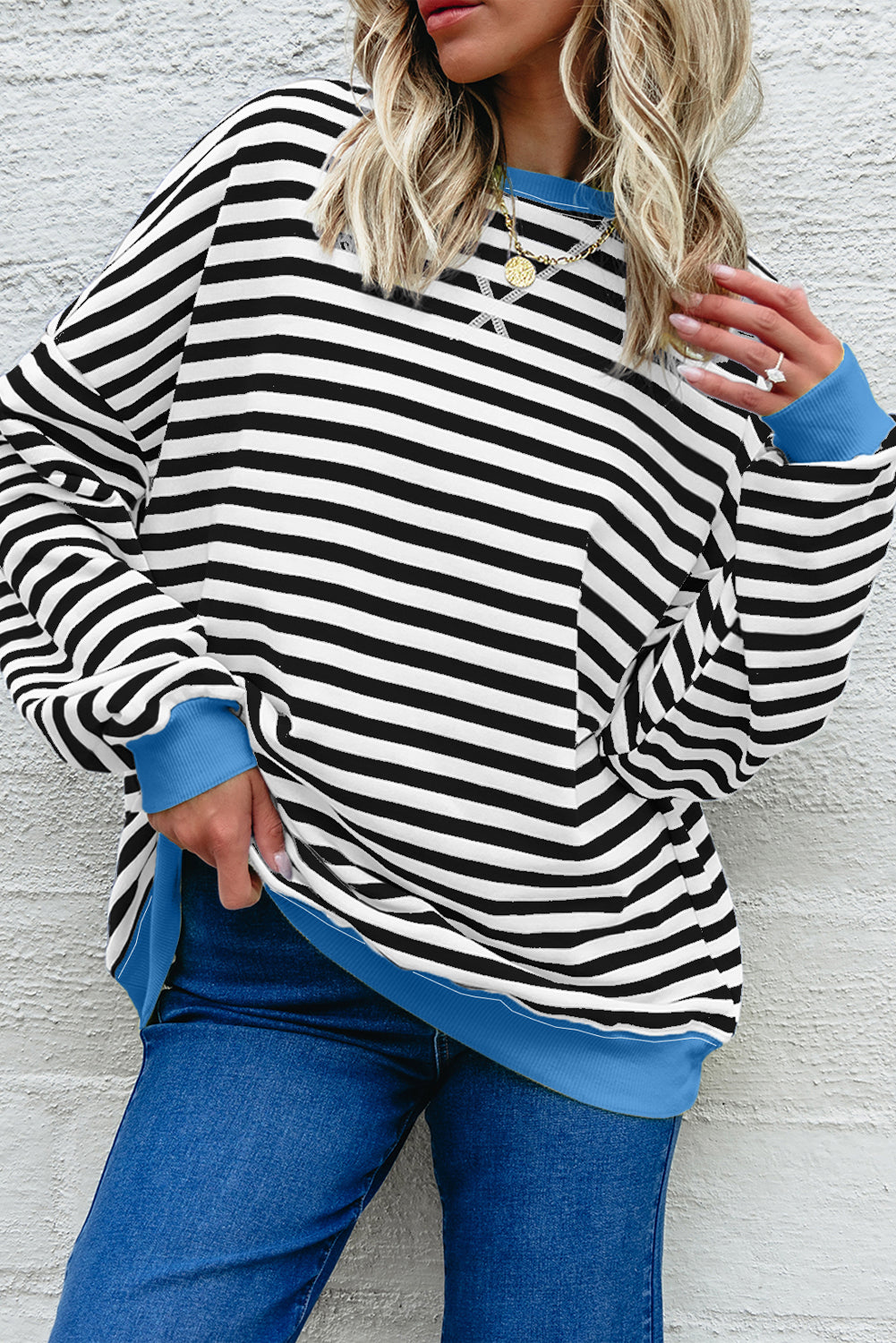 Red Stripe Contrast Ribbed Trim Crossed Stitch Drop Shoulder Sweatshirt