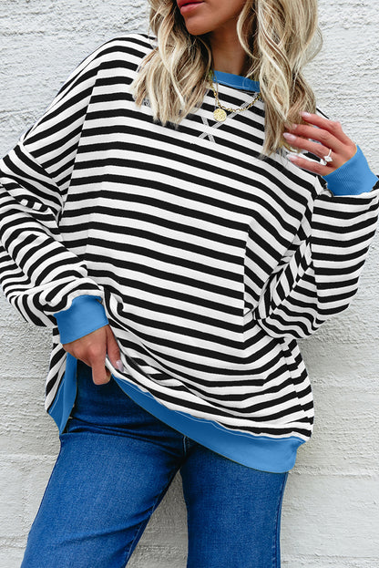 Red Stripe Contrast Ribbed Trim Crossed Stitch Drop Shoulder Sweatshirt