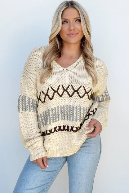 Parchment Contrast Stitch Detail V Neck Drop Shoulder Sweater