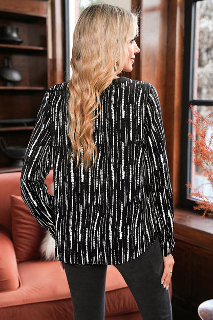 White Abstract Print V-neck Long-sleeve Blouse