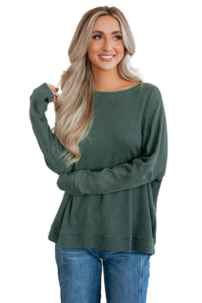 Dark Brown Ribbed Plain Long Sleeve Loose Top