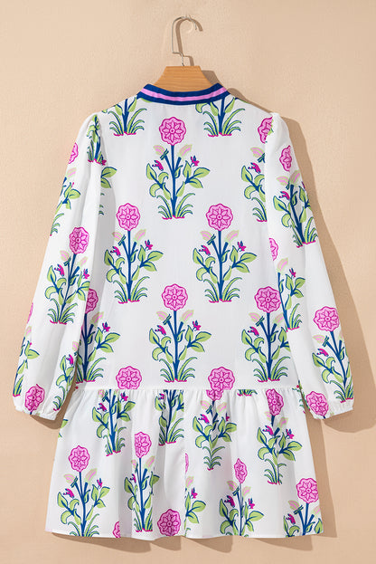 Sky Blue Floral Print Pop of Color V Neck Mini Dress