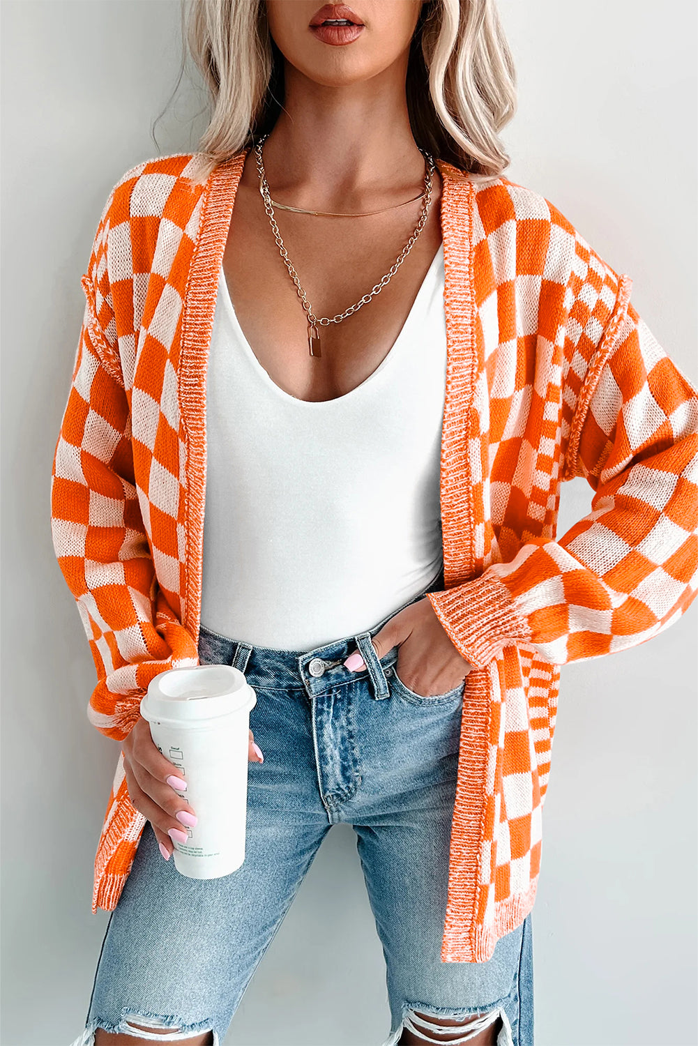 Black Checkered Open Front Drop Shoulder Cardigan
