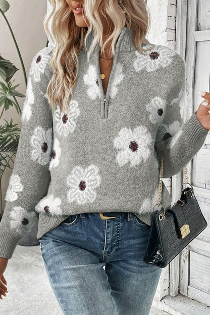 Khaki Vintage 60s Floral Pattern Half Zip Collar Drop Shoulder Sweater