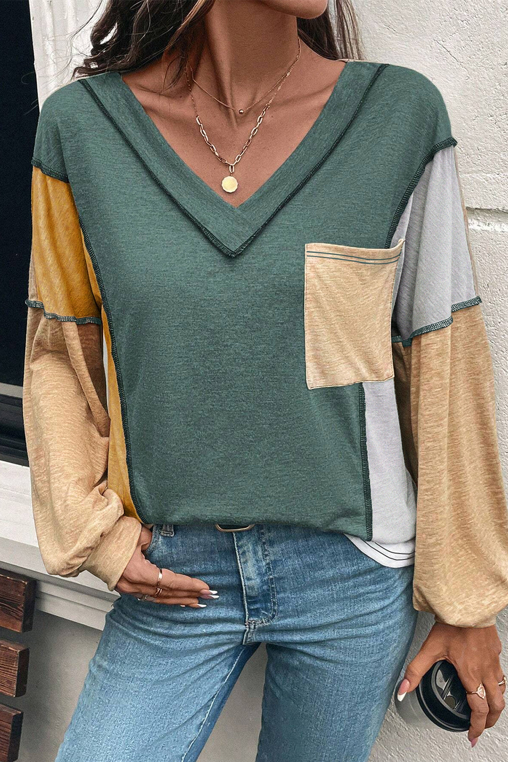 Jungle Green Exposed Stitching Colorblock V Neck Long Sleeve Top