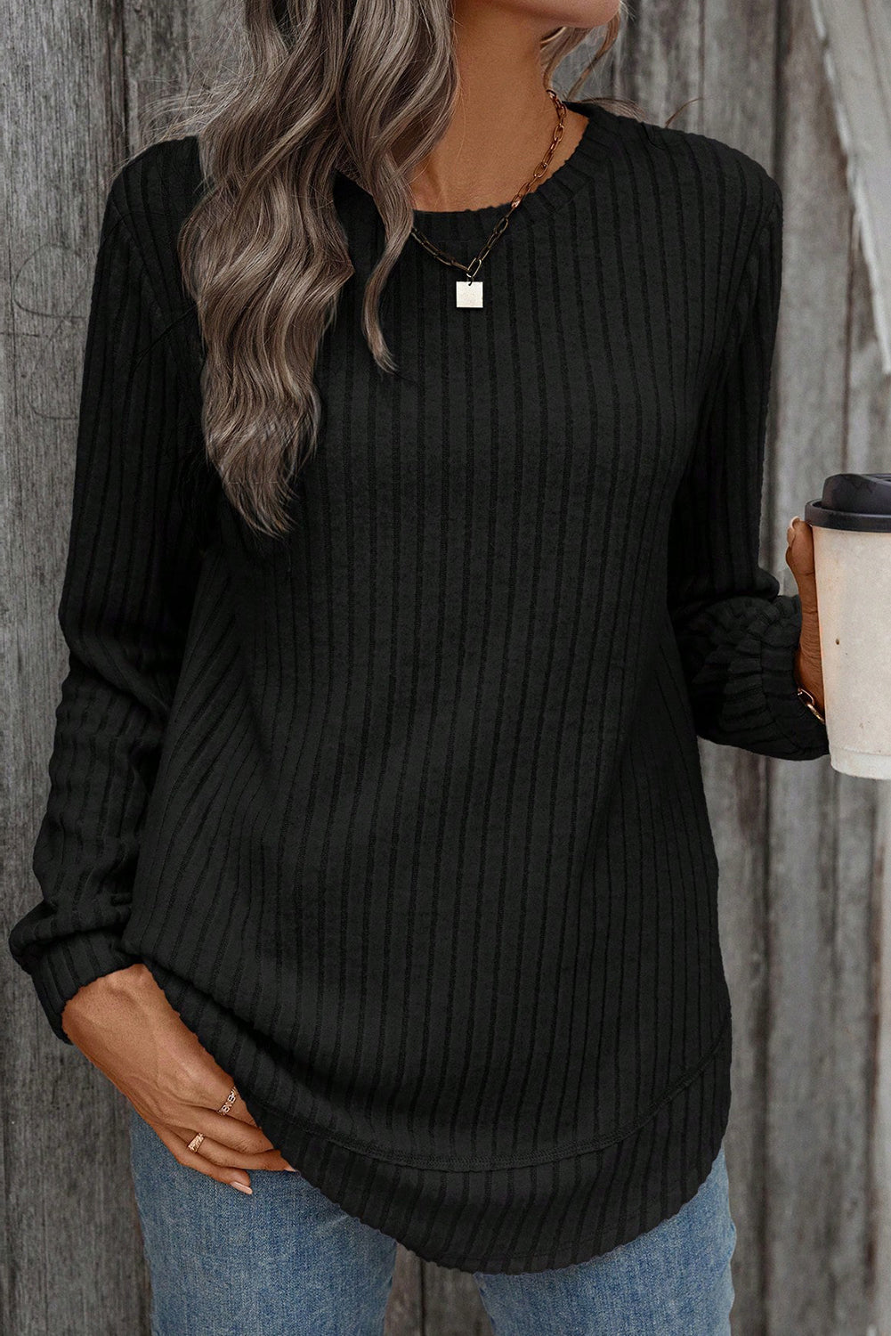 Ribbed Texture Round Neck Long Sleeve Rounded Hem Top
