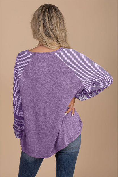 Brown Contrast Print Striped Raglan Long Sleeve Loose Top