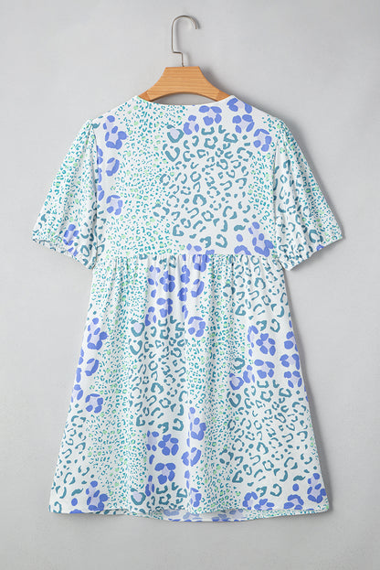 Sky Blue Floral Bow Front Puff Sleeve Mini Dress