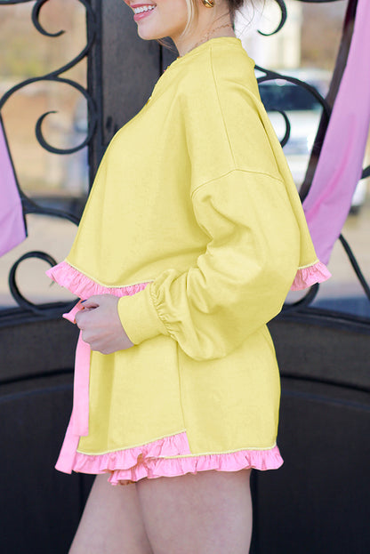 Yellow Ruffle Striped Hem Patchwork Pullover Top and Shorts Plus Size Set