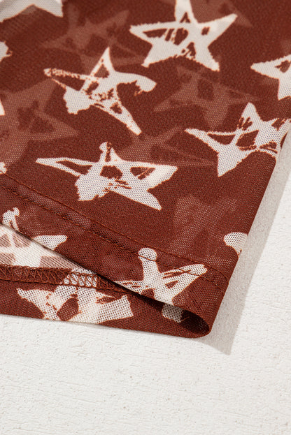 Red Star Print Mock Neck Slim Fit Top