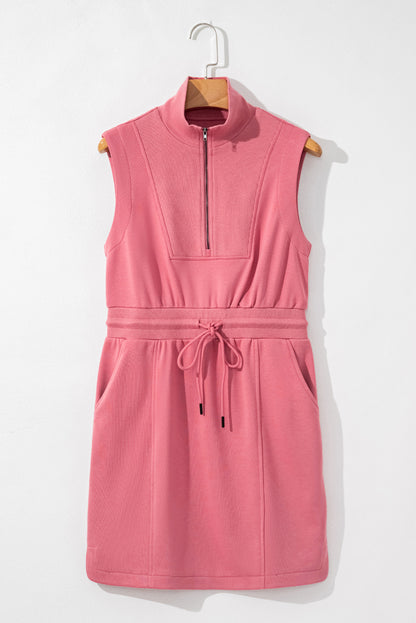 Black Terry Zipped Collar Sleeveless Drawstring Waist Mini Dress