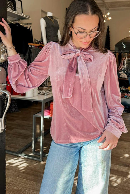 Fushia Velvet Long Sleeve Stand Neck Knot Blouse