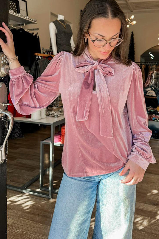 Fushia Velvet Long Sleeve Stand Neck Knot Blouse