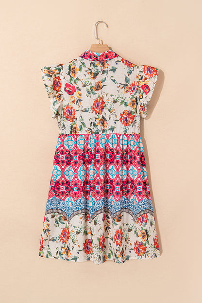 Rose Floral Ethnic Print Ruffle Mini Dress