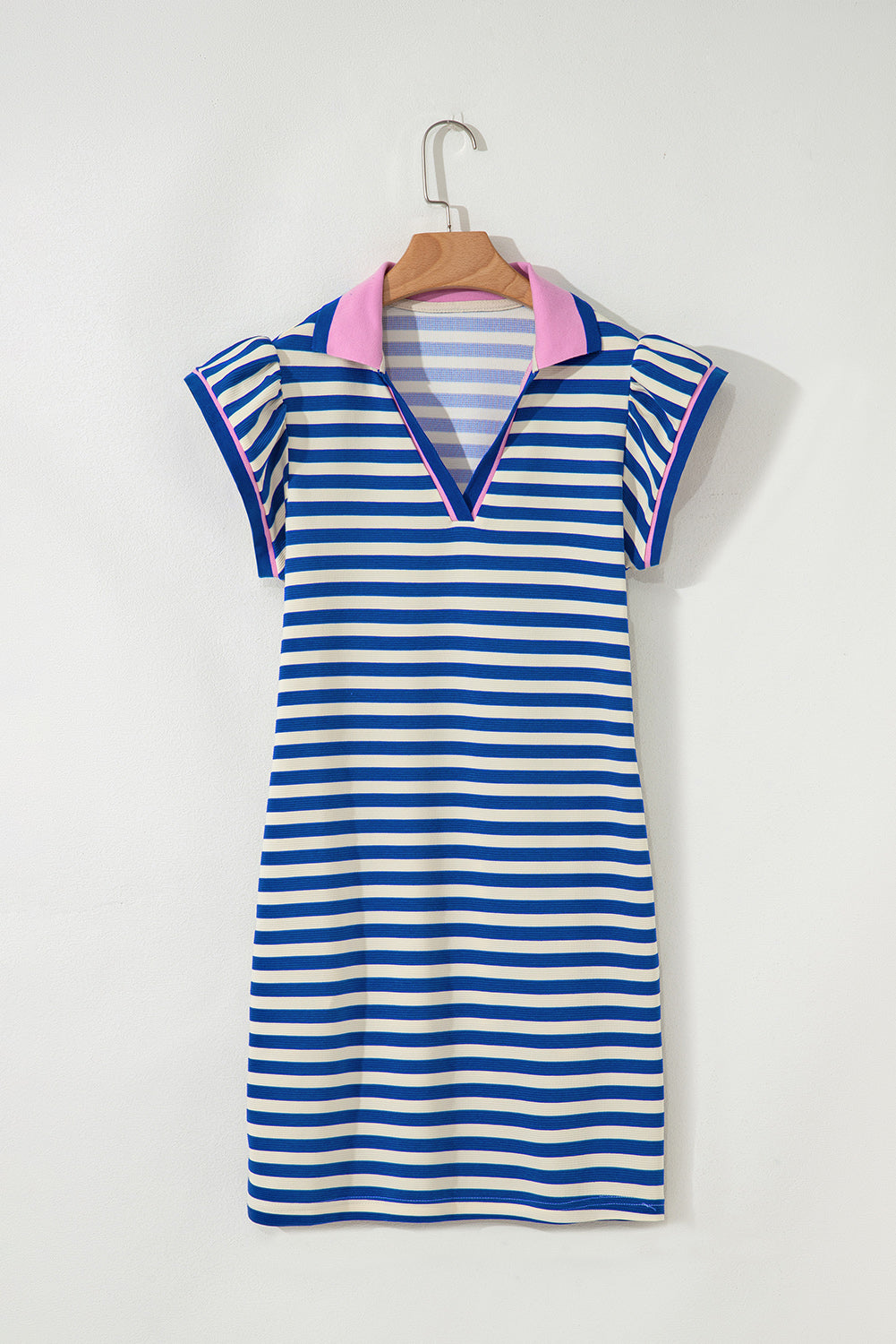 Green Striped Ruffle Short Sleeve Pop of Color Neckline Dress