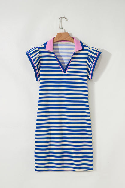 Green Striped Ruffle Short Sleeve Pop of Color Neckline Dress