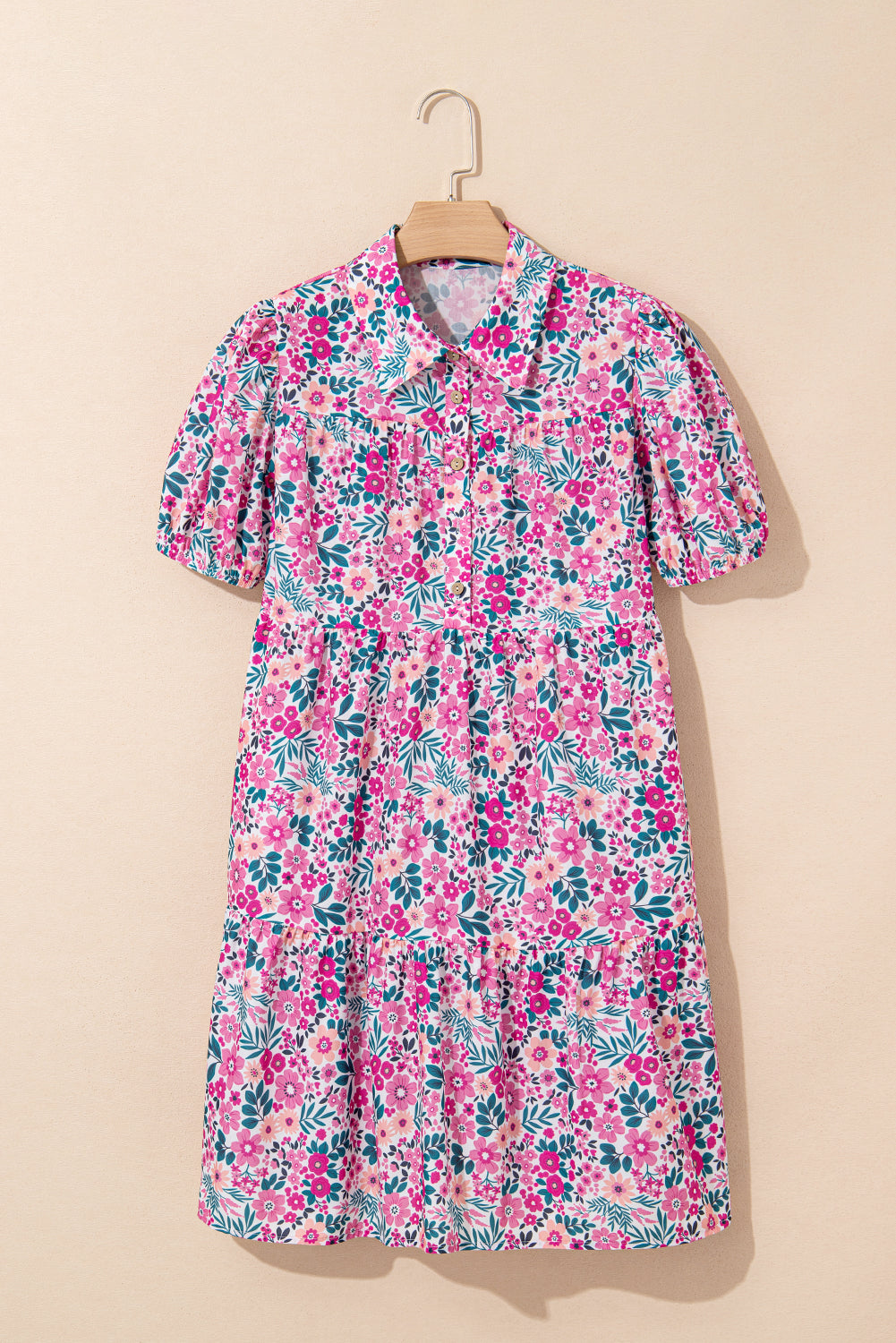 Pink Allover Floral Print Collar Half Button Short Sleeve Loose Dress