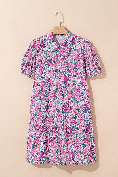 Pink Allover Floral Print Collar Half Button Short Sleeve Loose Dress