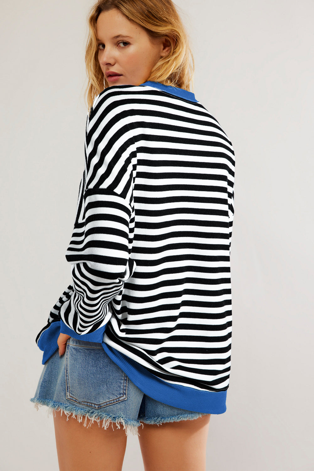 Red Stripe Contrast Ribbed Trim Crossed Stitch Drop Shoulder Sweatshirt