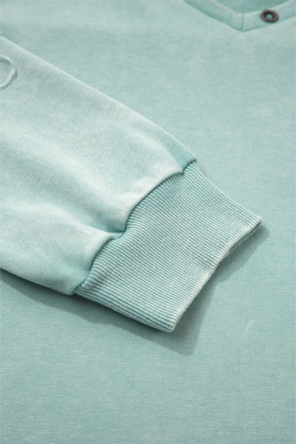 Mist Blue Mineral Wash Exposed Seam Buttoned V Neck Pullover Top