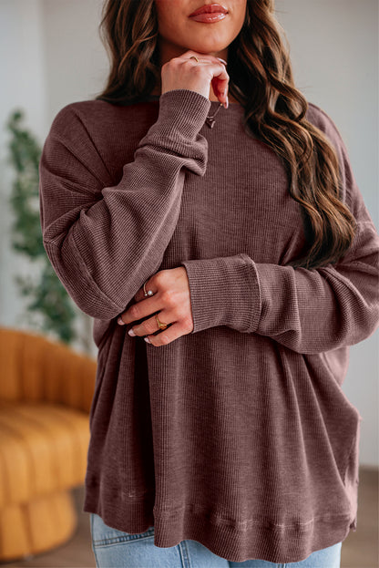 Dark Brown Ribbed Plain Long Sleeve Loose Top