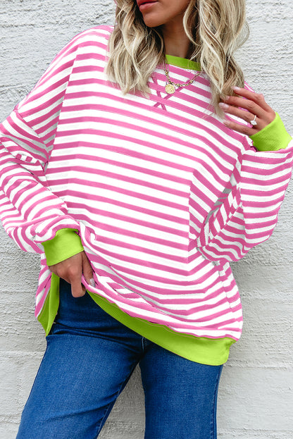 Red Stripe Contrast Ribbed Trim Crossed Stitch Drop Shoulder Sweatshirt